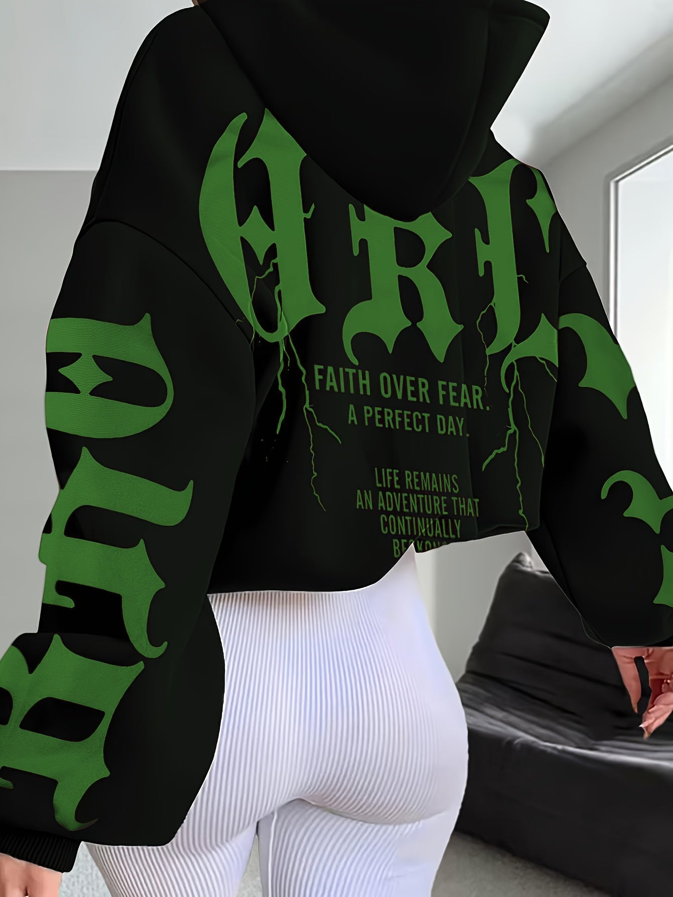 Women'S Stylish Black Hoodie with Vibrant Blue "Fear" Graphic Print - Casual Long Sleeve Pullover, Polyester Knit Fabric, Fall & Winter Essentials, Fall Winter Apparel | Bold Graphic Hoodie | Polyester Hoodie